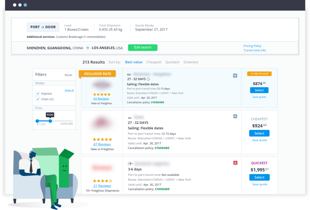 Comparez instantanément les tarifs d'expédition de conteneurs avec les cotations de fret aérien, maritime et de camionnage de fournisseurs vérifiés. Trouvez l'équilibre entre le prix et le temps de transit qui vous convient.